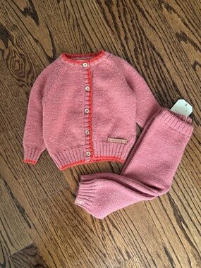 Piupiuchick 24m Pink Knit Cardigan and Pants Set - Contrasting Coral Trim